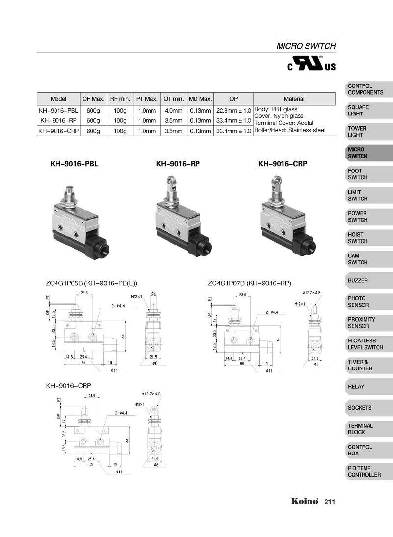 Thông số kỹ thuật của công tắc hành trình KH- 9016- RP