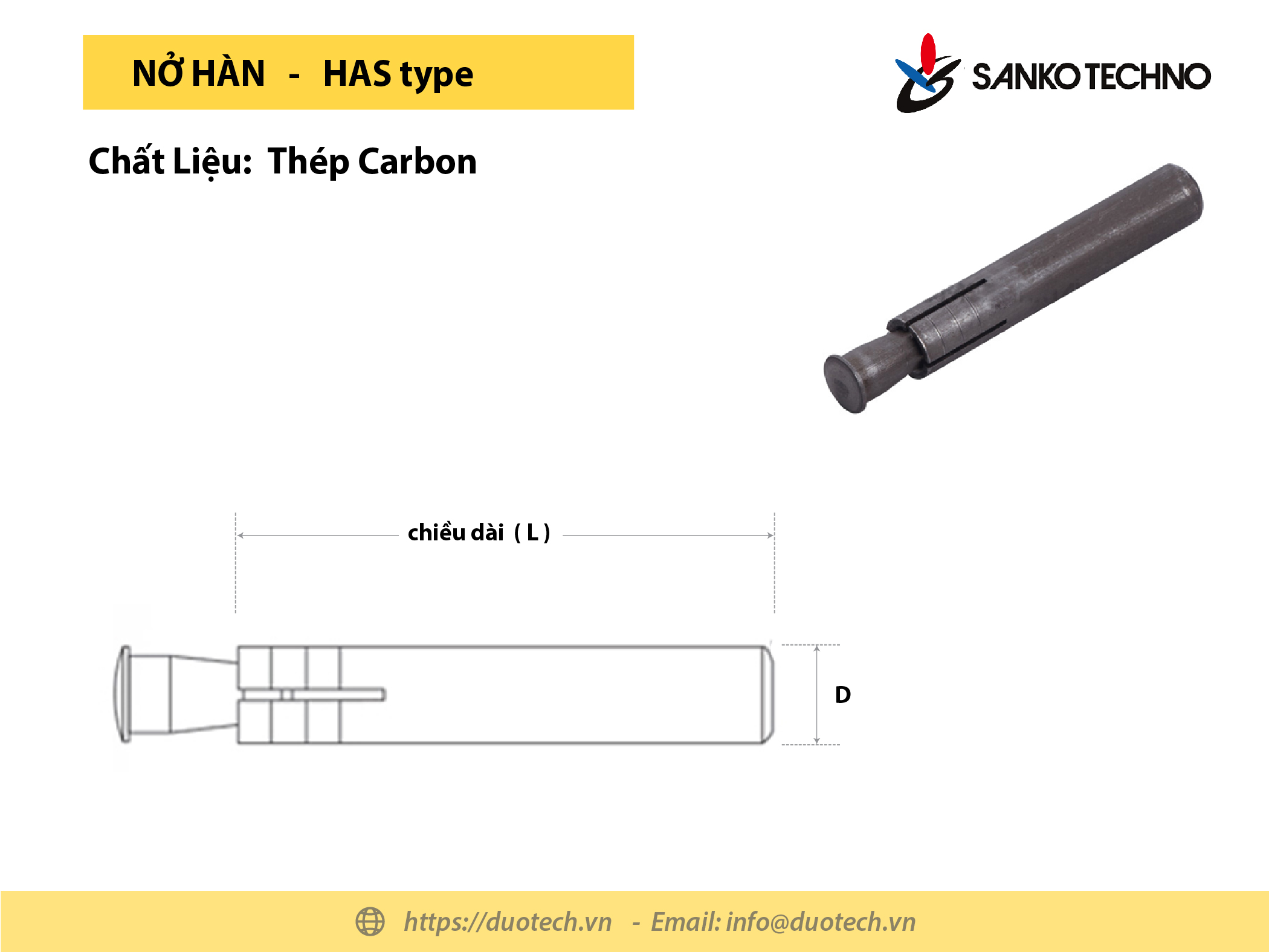Bulong tắc kê nở hàn thương hiệu maker Sanko techno Nhật Bản HAS-1040 , chiều dài L = 40 mm, đường kính thân nở 10.0