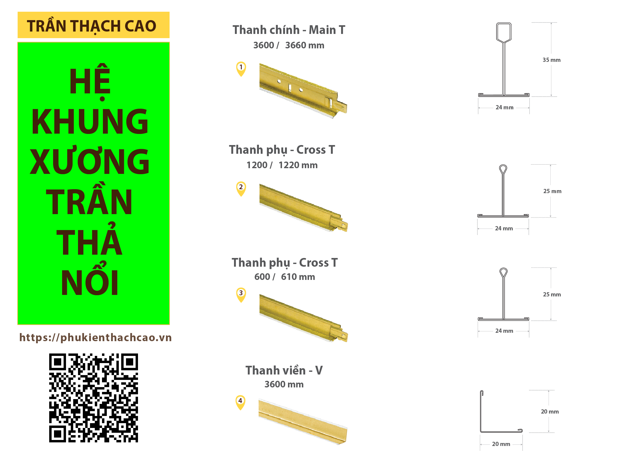 Khung xương trần thả nổi thạch cao 600x600 600x1200 mm thanh chính main T , phụ Cross T,  nẹp viền V