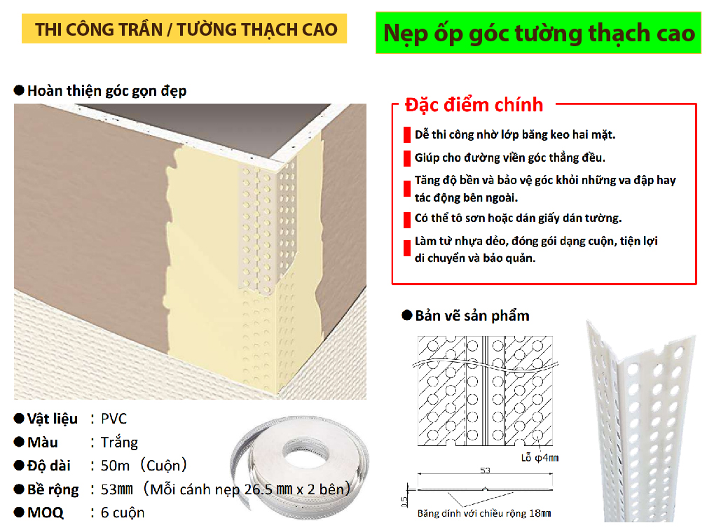 Nẹp ốp góc tường thạch cao Corner Bead-B 53TV fukuvi nhật bả